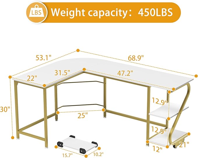 Weehom L Shape Desk with Shelves Computer Desk Monitor Shelf and Printer Storage Round Corner Table for Home Office White Gold