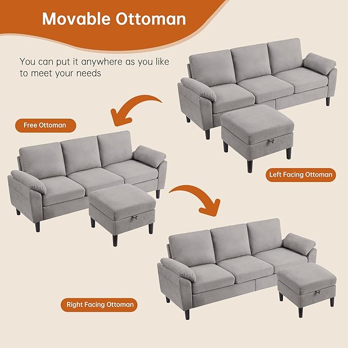 Convertible Sectional Sofa 79 Modern L Shaped Couch Linen Upholstered 3 Seat Sofa with Reversible Chaise Couches for Living Room Apartment Light Grey