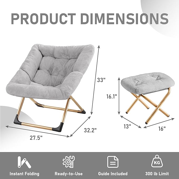 Comfy Oversized Saucer Chair with OttomanSoft Faux Fur Reading Lounge Chair for AdultsStable X-Large Metal Frame and Non-Slip PadCozy Chair for Bedroom Living Room Dorm Light Gray