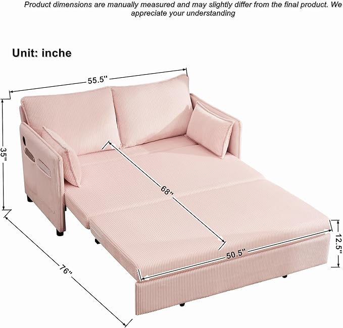 GDFStudio 55 Convertible Sofa Bed 3-in-1 Sofa Bed Couch with Pull Out Design Corduroy Sleeper Sofas with USB Ports &amp Side Pocket Modern Loveseat Sleeper for Living Room Bedroom Small Space Pi