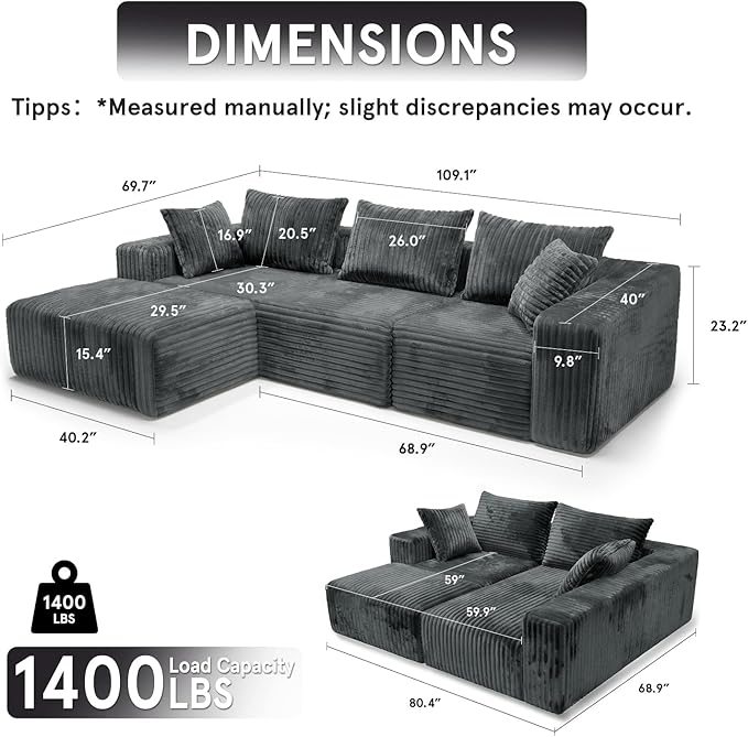 Sytopia 109 L-Shaped Cloud Couch Modular Sectional Sofa with Deep Seat for Living Room Bedroom Modern Floor Couch Corduroy Comfy Sleeper Futon Sofa Bed 40D Foam Furniture Left Facing | Luxury Fab