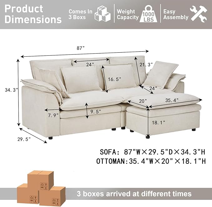 87 L Shaped Sectional Sofa Modular Deep Seat Sofa Couch with Ottoman Chenille Sofa Sleeper Comfy Upholstered Furniture for Living Room Apartment Studio Office (Beige L-Shaped)