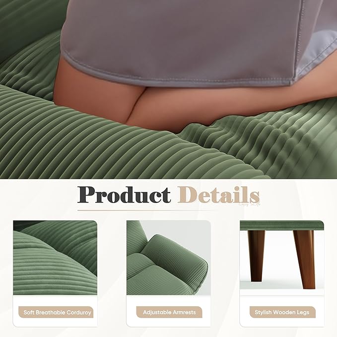 Homall Futon Sofa Bed Modern Loveseat Futon Couch with Adjustable Backrest and Armrests Sleeper Sofa Bed with Wood Frame for Living Room Office Apartment (Corduroy Green)