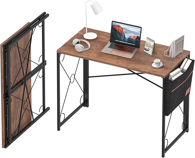 VECELO 39 Inch Folding Desk Simple Assembly Desk Writing Computer Desk for Home Office Study Office Desk Foldable Table for Small Spaces Brown
