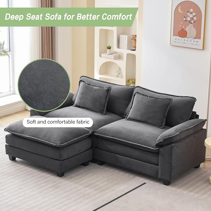 Sectional Sofa Comfy Cloud Couch for Living Room with Pillows Modern Velvet Sofa Sleeper Deep Couches with Ottoman (Grey 3-Seat)