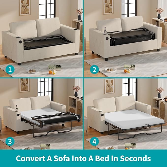 BALUS Pull Out Sofa Bed Full Size Sleeper Sofa Couch with USB Ports 2-in-1 Convertible Pullout Couchs with 2 Cup Holders &amp Memory Foam Mattress for Living Room Guest Room ApartmentWhite