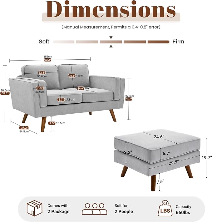 Kingfun Living Room Furniture Sets Loveseat with Ottoman Mid Century Modern Sofa Set Chenille Couch with Solid Wood Frame for Living Room &amp Bedroom Light Gray