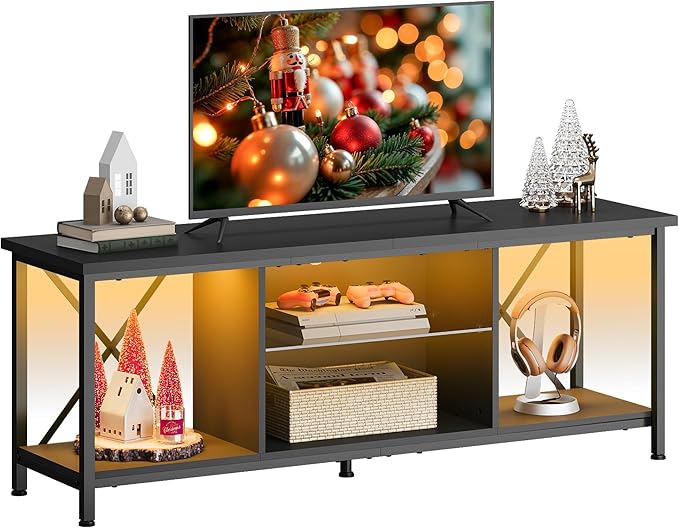 WLIVE Industrial TV Stand with LED Lights for Up to 65 TVs Waterproof &amp Scratch-Resistant Adjustable Shelves Modern Entertainment Center for Living Room Black