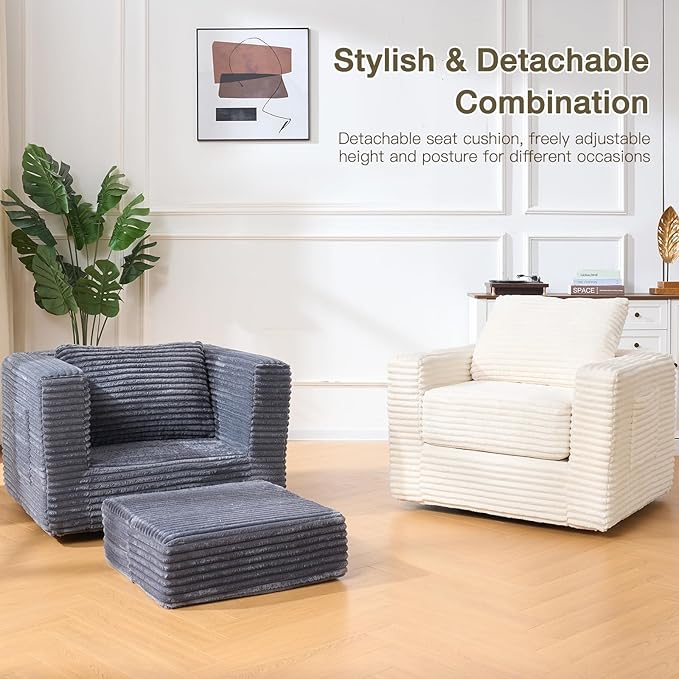 EROMMY 37.4 Boneless Swivel Accent ChairOversized Detachable Seat Swivel Chair for Living Room and Bedroom Modern Corduroy Upholstered Accent Armchair Beige