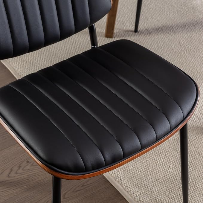 Dining Chairs Set of 2 Mid Century Modern Retro Faux Leather Chair with Walnut Bentwood Back Upholstered Seat Metal Legs Adjustable Foot for Kitchen Dining Room Chairs (Black)