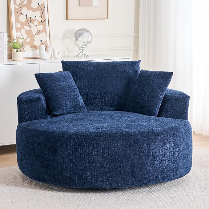 54.3″ Round Swivel Couch Plush Chenille Deep Seat Cozy Reading Chair XL Modern Oversized Swivel Accent Barrel Chair for Living Room Bedroom Lounging (Blue)