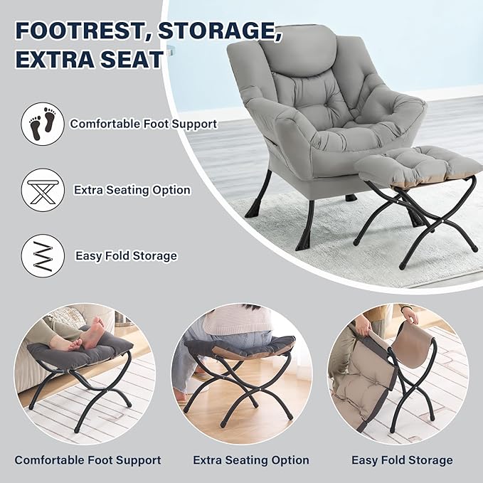Lazy Chair with Ottoman Modern Accent Chair Contemporary Leisure Sofa Chair with Armrests Reading Chair and Folding Footstool Set for Living Room Bedroom Office White Grey