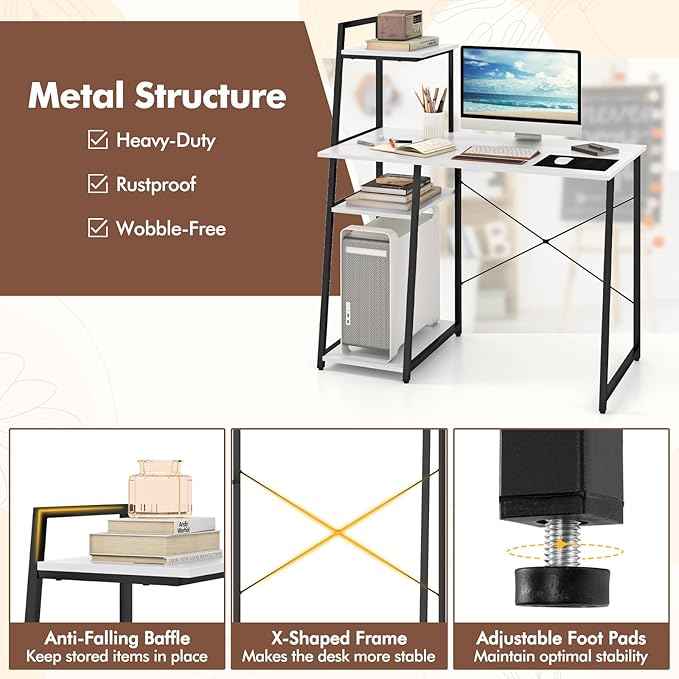 POWERSTONE 40 Computer Desk with 4-Tier Storage Shelves Home Office Corner Desk Writing Study Workstation Table for Small Space White