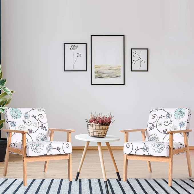 Giantex Mid Century Accent Arm Chairs Set of 2 Fabric Modern Armchairs w/Rubber Wood Pretty Pattern Soft Sponge Decorative Retro Accent Chairs for Living Room
