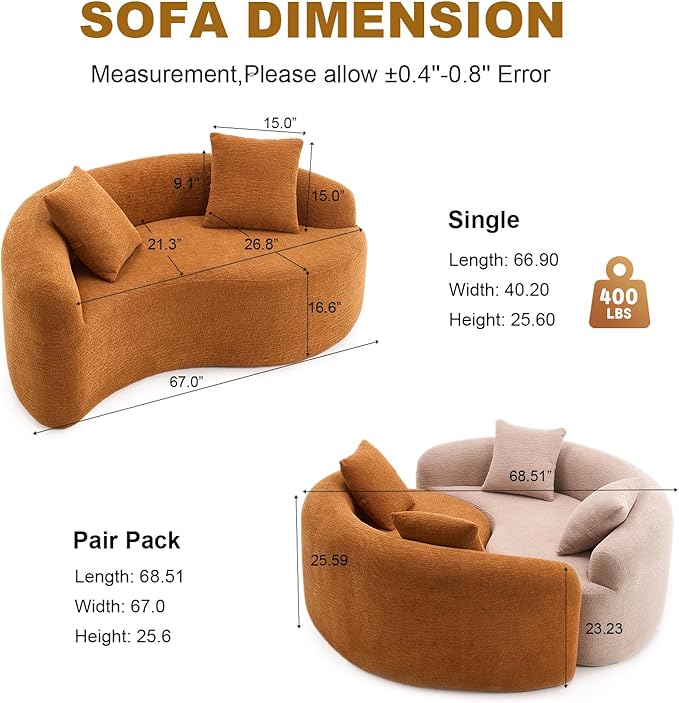 Modern Chenille S-Curved Modular Loveseat Sofa 66.9 Compression Sponge Boneless Couch No Assembly Required Cozy Upholstered Seating for Living Room Apartment Office or Meditation Space (Orange)