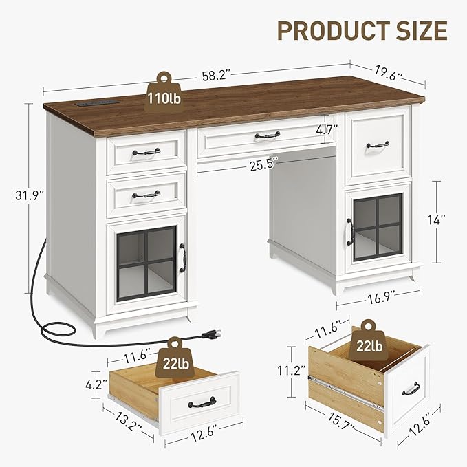 58 Farmhouse Executive Desk with Drawers Wooden Executive Desk with File Drawer LED Light Storage Cabinet Computer Desk with Charging Station Home Office Desk for Work White Walnut