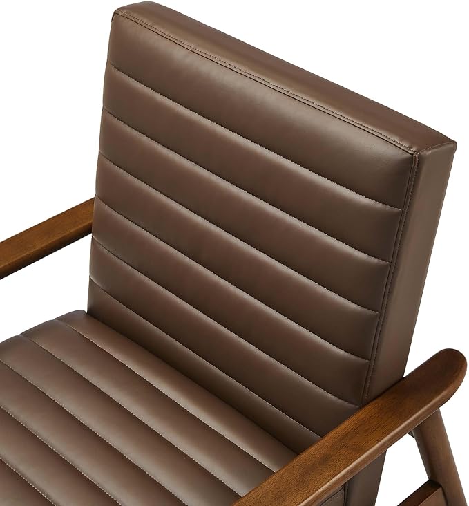 Modway Jensen Vegan Leather Accent Chair in Walnut Brown - Mid-Century Modern Armchair with Solid Wood Legs &amp Armrest - Upholstered Faux Leather Single Side Chair - Reading Chair for Living Room