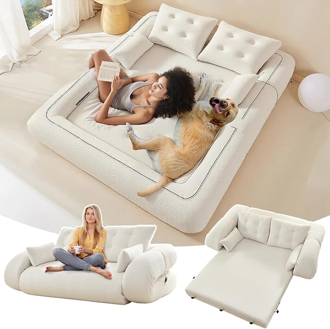78.7 Folding Sofa Bed3-in-1 DIY Convertible Sleeper SofaTeddy Velvet Couch Bed with ArmrestFoldable Mattress with Back SupportQueen Size Floor Sofa Bed for Living Room Bedroom(Beige)