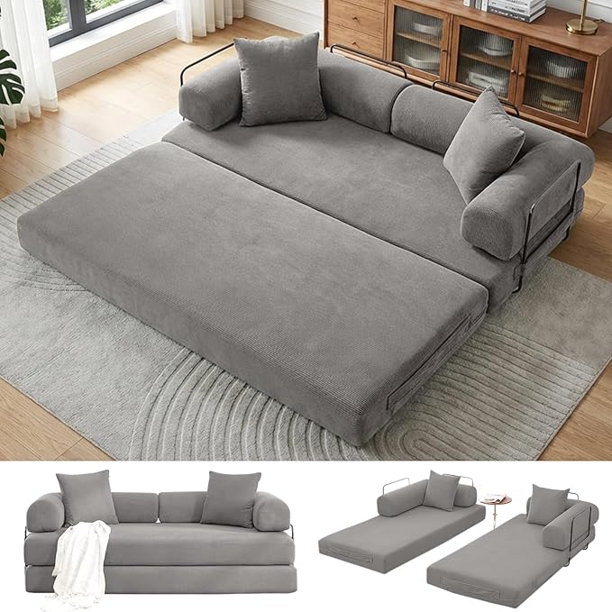 Convertible Folding Sofa Bed Modular Floor Sofa with Removable Backrest Corduroy Folding Mattress Couch with Fixed-Shape Frame for Living Room Bedroom Lounge (Grey)