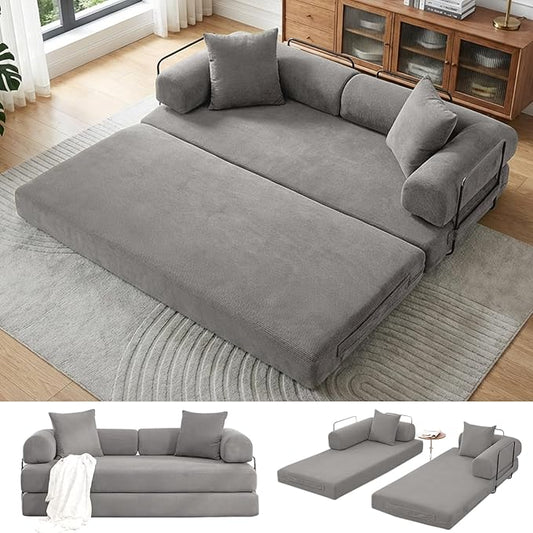 Convertible Folding Sofa Bed Modular Floor Sofa with Removable Backrest Corduroy Folding Mattress Couch with Fixed-Shape Frame for Living Room Bedroom Lounge (Grey)