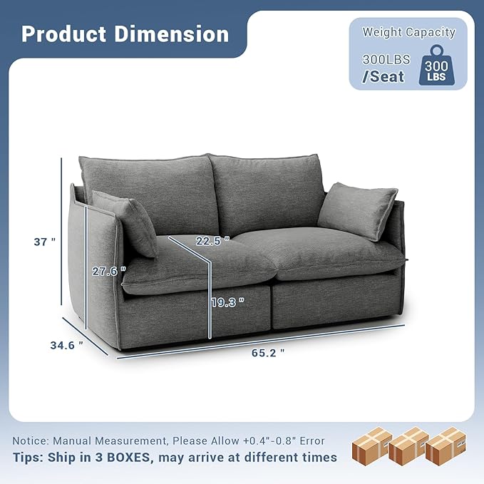 Cloud Modular Sectional Sofa Waterproof Down Filled Sectional Sofa High Backrest Loveseat Sectional Couches for Living Room Modern Modular Couch with Removable Cover Dark Gray