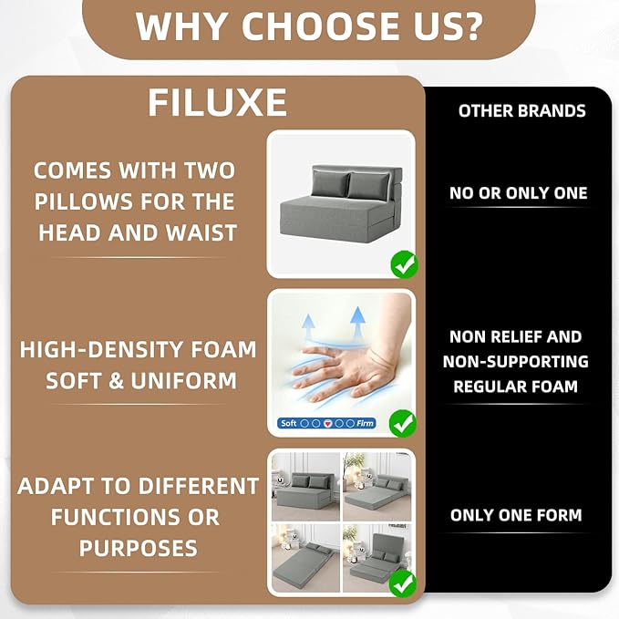 FILUXE Folding Sofa Bed | Convertible Sleeper Chair Bed for Adults Fold Out Chair to Bed Linen Futon Chair with Pillow for Home Dorm Apartment RV Living Room Standard Size Light Gray