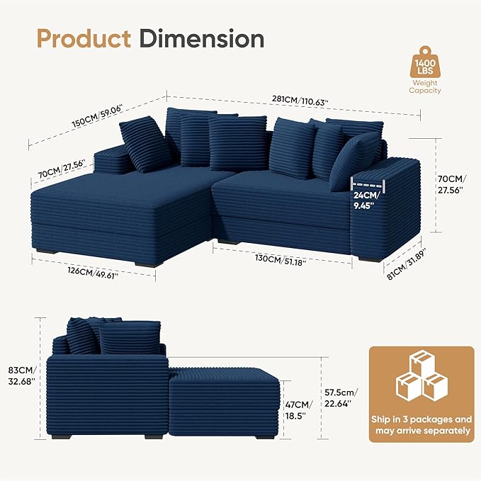 111'' Sectional Corduroy Sofa with Chaise Extra Large L Shaped Convertible Sleeper Couches Set Reversible Bed with 8pcs Cushions for Living Room Bedroom
