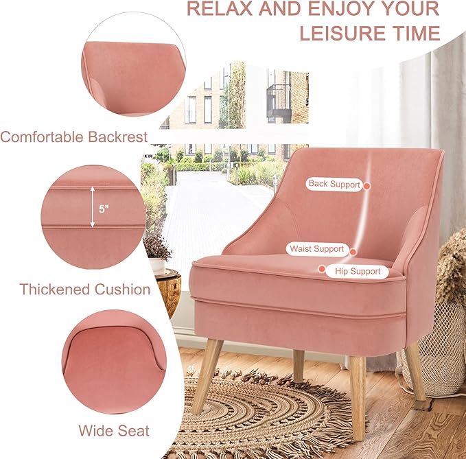 Giantex Set of 2 Velvet Accent Chairs Mid Century Single Sofa Chair w/Rubber Wood Legs Comfy Slipper Chair Upholstered Armless Leisure Side Chair for Living Room Bedroom Meeting Room Pink