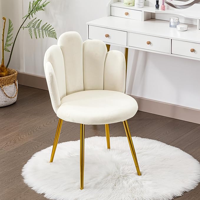 Vanity Chair for Makeup Room - Midcentury Modern Accent Chair for Living Room Bedroom Makeup Chair with Back Support Velvet Chair with Gold Legs (Cream)