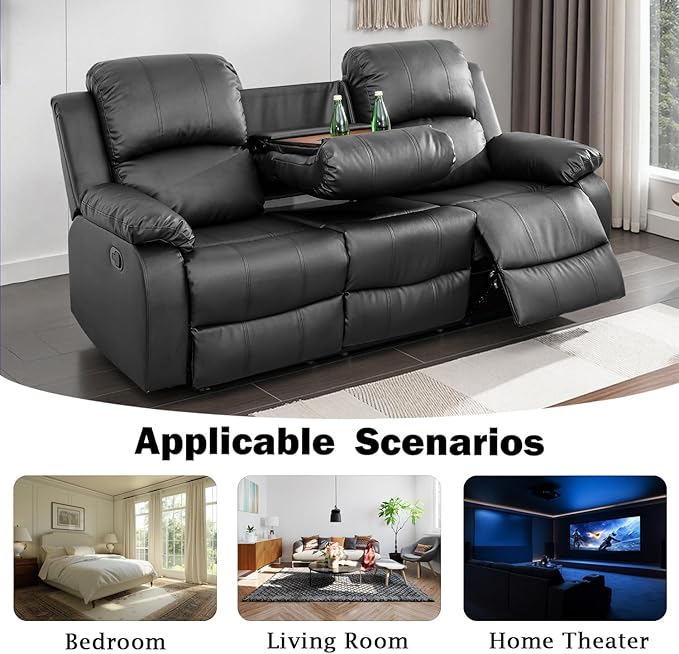 Leather Recliner SofaReclining Sofa for Living Room Furniture SetsBlack Wall Hugger Recliner Couch with Cupholder for Living Room/Office/Theater Seating(3 Seater Sofa)