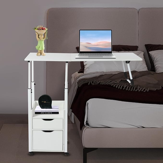 Home Office Desk with Wheels Movable Bedside Table with Plastic Drawers Height Adjustable Over Bed Desk for Laptop White for Home Office Study (White)