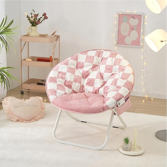 Urban Lifestyle Printed Back Micromink Saucer™ Chair with White Legs and Side Storage Pocket Pink and White Check