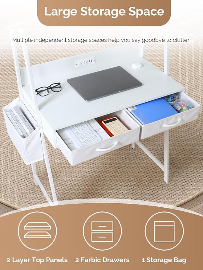 KATHY&ampBOB Small Home Office Study Desk - Freestanding Ladder Design with Fabric Drawers &amp Side Bag - Modern Vanity Makeup Desk - 2 Tier Shelf &amp Computer Gaming Station (White)