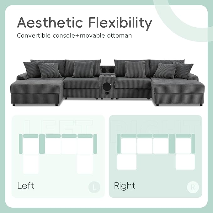 Sectional Sofa Corduroy Cloud Sofa with Bluetooth Speakers L-Shaped Couch with Console USB Charger Cup Holders Storage 6 Seats Deep and Wide Seat Couch for Living Room (Dark Grey)