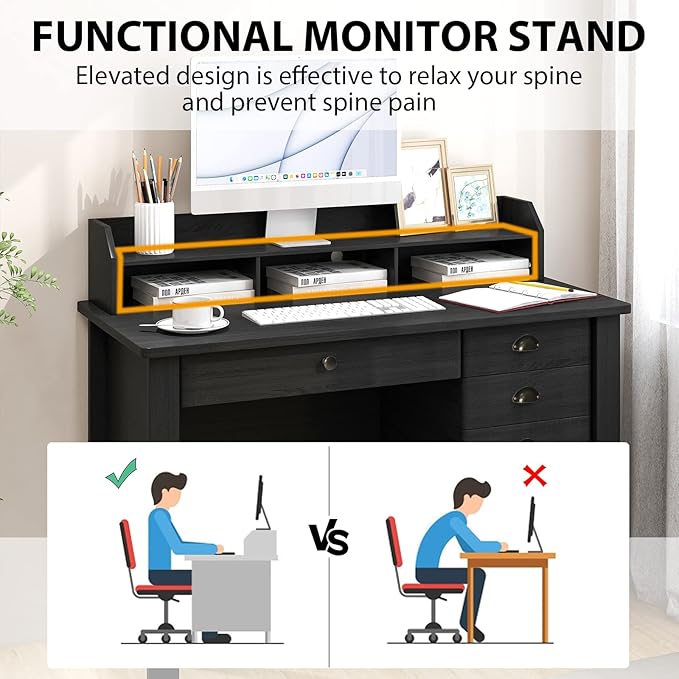 GOFLAME 48” Computer Desk with Hutch Vintage Home Office Desk with Storage Drawers &amp Shelves Space Saving Laptop PC Table Wooden Study Writing Workstation Black