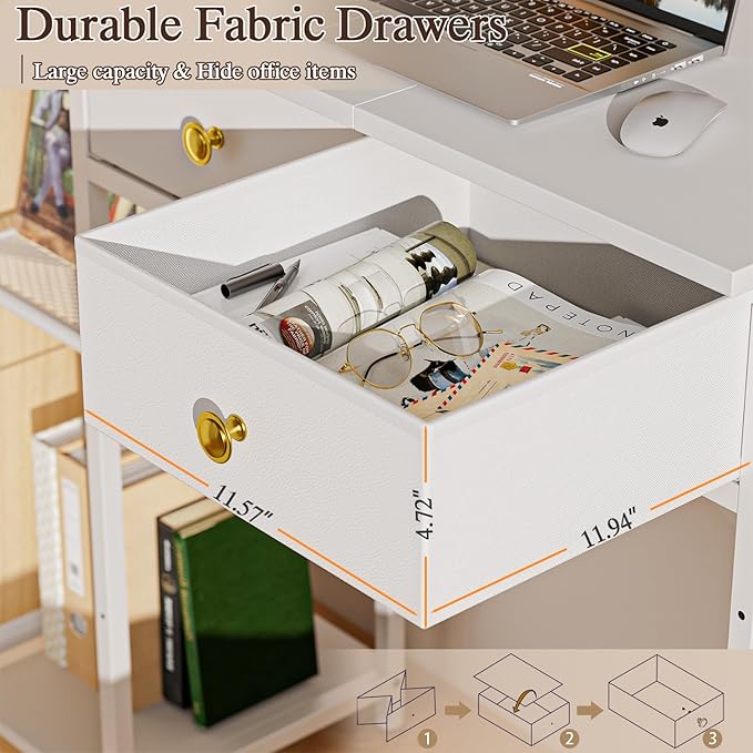 White Computer Desk 36 Inch Small Desk with Drawers Home Office Desk with Storage Shelves for Bedroom Living Room Dorm Vanity Desk for Small Spaces White