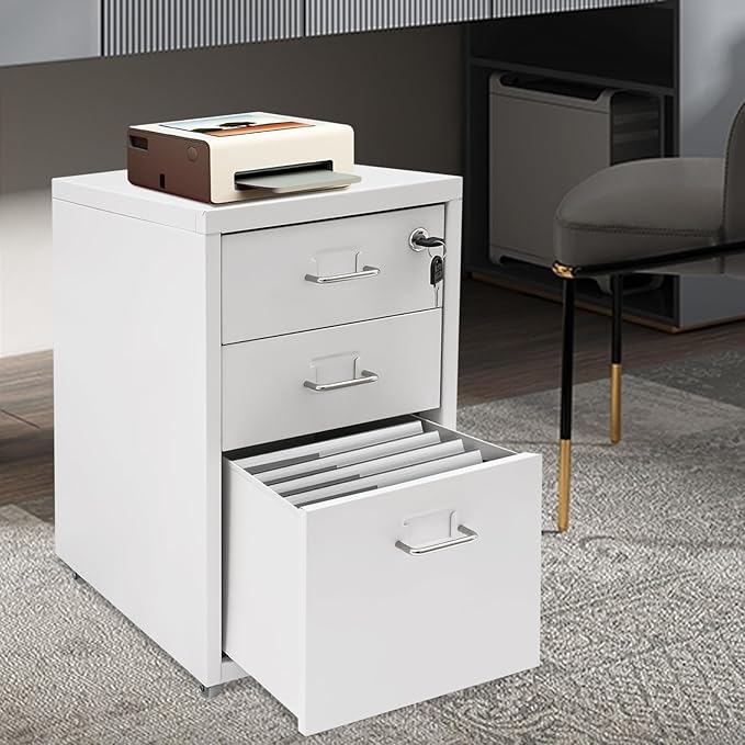 Locking 3-Drawer Vertical File Cabinet on Wheels Mobile Steel Storage Organizer with Keys for Home Office Study (White)