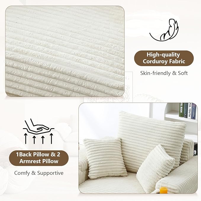 43.3”W Oversized Accent Chair with Ottoman &amp Storage Modern Corduroy Reading Chair with Cup Holder &amp Pillow Comfy Upholstered Deep Seat Armchair for Living Room Bedroom (Cream)