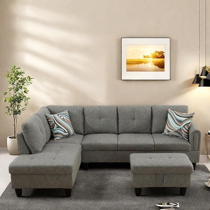 FONTOI L Shaped Sectional Couches Lounge Modular Sectional Sofa for Living Room Bedroom Furniture Comfortable 4 Seat Couch with Ottoman Storage &amp Chaise Grey