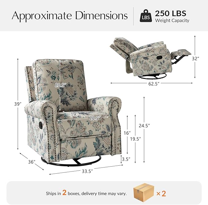 HULALA Home Rocker Recliner Set of 2 Modern Printed Fabric Swivel Glider with Adjustable Backrest &amp Footrest Teal