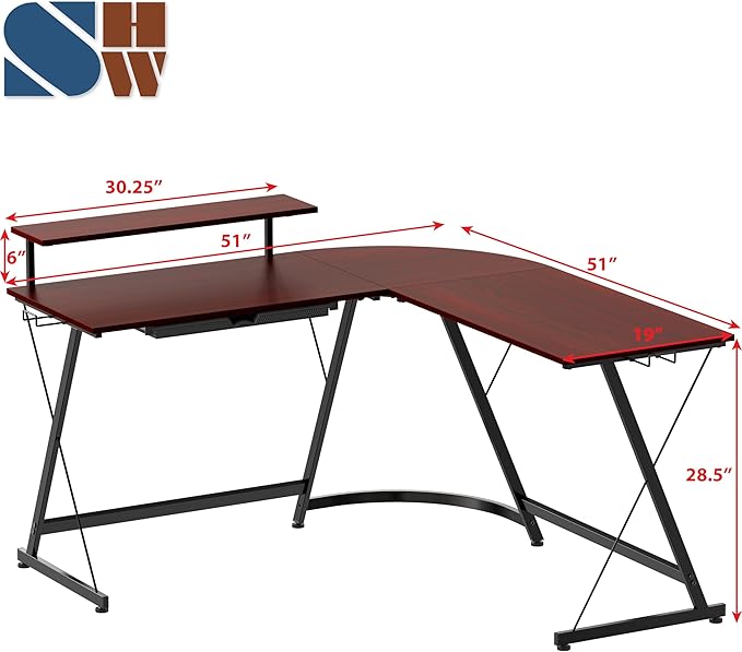 SHW 51 x 51 Inches Vista L-Shaped Desk with Monitor Stand and Drawer Cherry