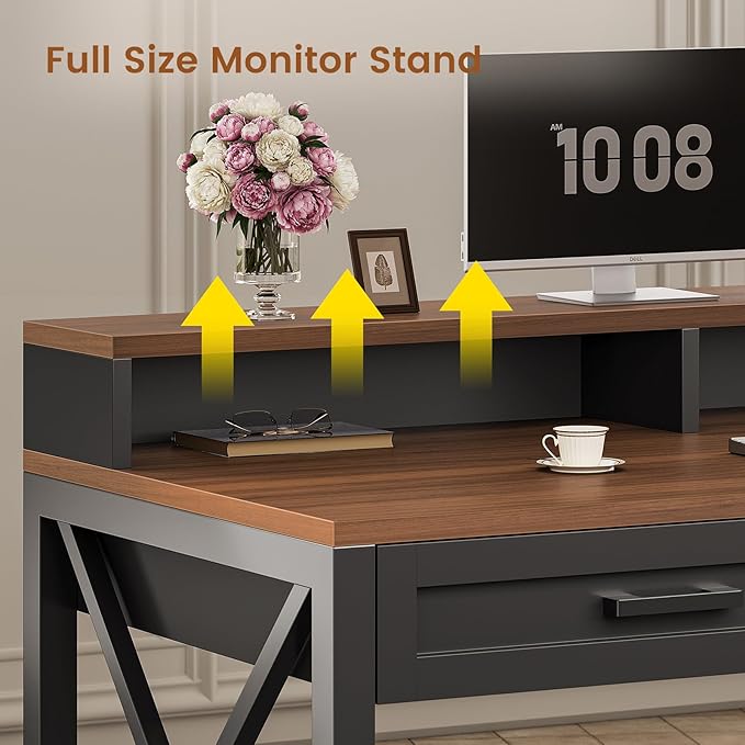 SEDETA Farmhouse Home Office Desk with File Drawer &amp Power Outlet Computer Desk with 4 Drawer Storage Shelves Printer Cabinet and Monitor Shelf Gaming Desk with Led Lights Black Brown