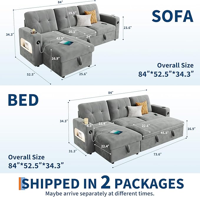 IDEALHOUSE 84 Sleeper Sofa with Storage &amp Charging Station Convertible Sectional Couch Bed with LED Lights Reversible Chaise Pull Out Sofa Bed for Living Room Apartment Velvet Light Grey