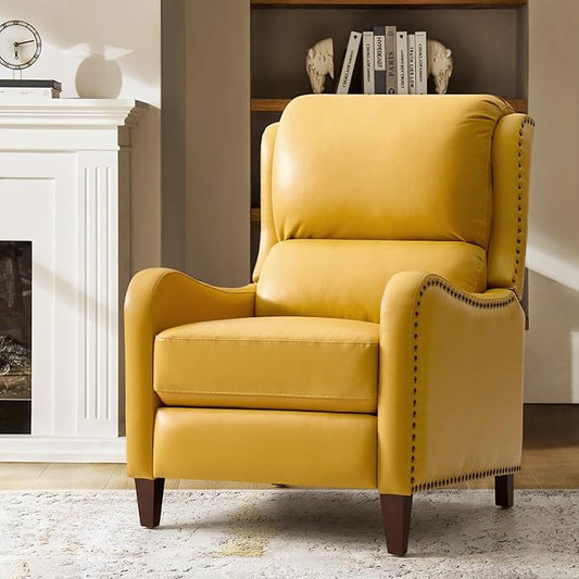 HULALA HOME Genuine Leather Recliner Chair Modern Push Back Recliner Armchair with Thick Seat Backrest &amp Footrest Nailhead Decor for Living Room Bedroom Yellow