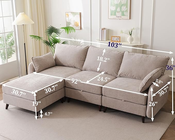 104'' Modular Sectional Sofa with All Seats Storage Oversized L Shaped Couch for Living Room3-Seater Comfy Cloud Couches with Movable OttomanBig Sectional for BedroomVeletKhaki