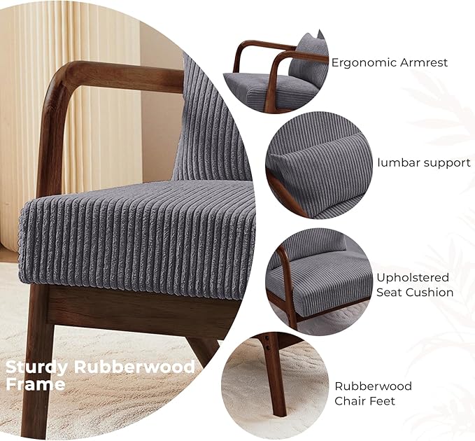 Furniliving Wooden Accent Chairs Set of 2 for Living Room Upholstered Reading Chair with Sturdy Wood FrameCorduroy Lounge Armchairs for Bedroom Indoor &amp Outdoor Patio Furniture Walnut Darkgre