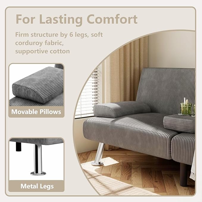 Flamaker Futon Sofa Bed Modern Folding Futon Set Convertible Recliner Lounge for Living Room with 2 Cup Holders Removable Armrests (Corduroy Marble Grey)