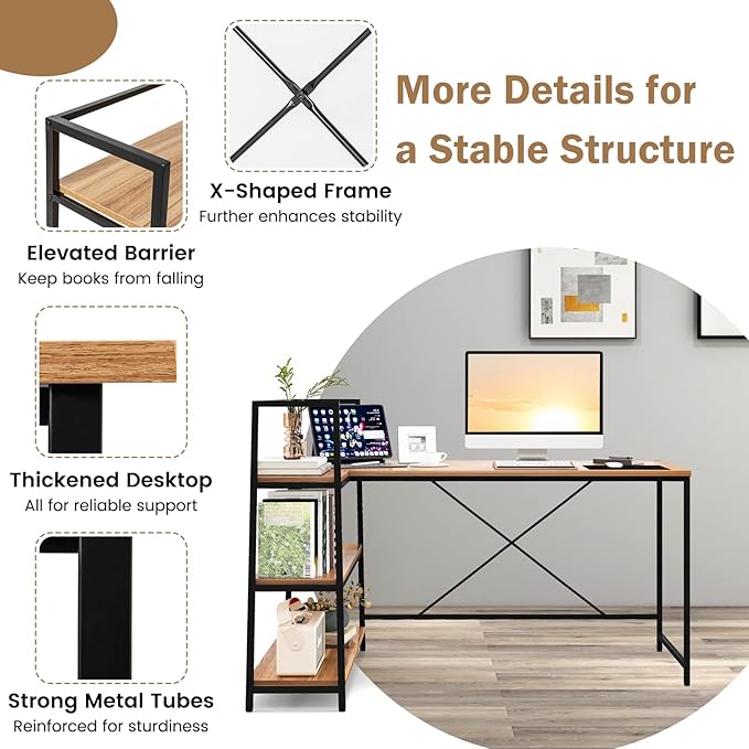 Tangkula Reversible L-Shaped Computer Desk Space Saving Corner Desk with 3-Tier Storage Shelves &amp Metal Frame Modern Executive Home Office Desk PC Laptop Desk Workstation for Small Space (Walnu