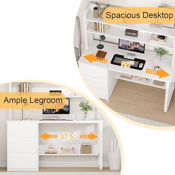 White Desk with Hutch 55 Inch Computer Desk with 3 Drawers for Bedroom Study Writing Desk with Shelves for Small Spaces Adjustable Feet