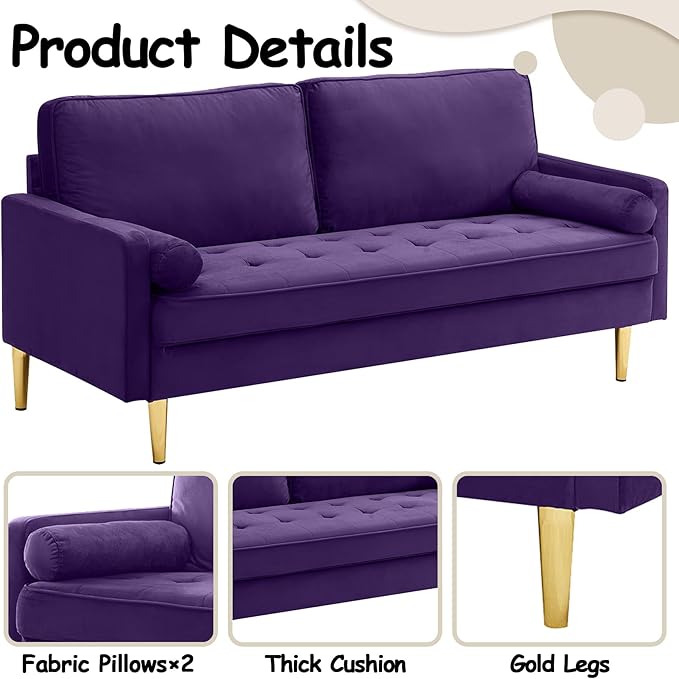 65 Inch Purple Velvet Couch Small Loveseat Sofa &amp Office Sofa for Small Space Smalls Couch for Bedroom Livingroom 2 Pillows Gold Legs Tufted Seat (Purple)